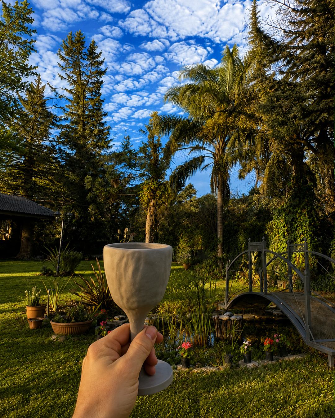 Brindis con una copa de vino modelada en arcilla en Sendero Leloir