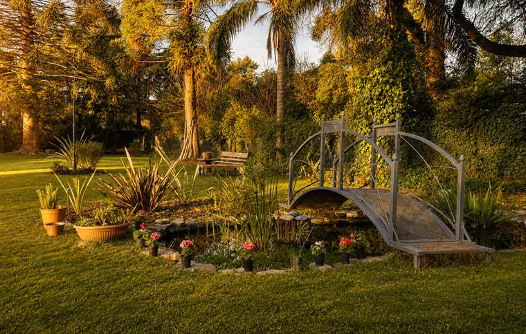 Estanque con puente y atardecer de primavera en Sendero Leloir
