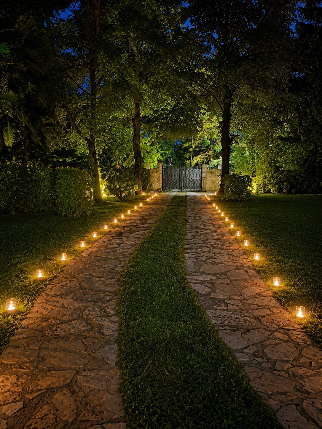 Camino interno del parque de noche