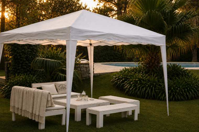 Living exterior con luz de atardecer en Sendero Leloir